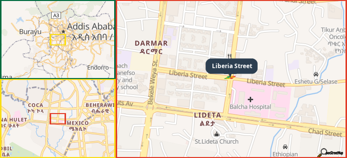 Map showing the address of Liberia Street in three different zoom levels.