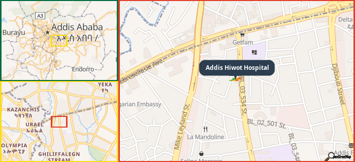 Map showing the address of Addis Hiwot Hospital in three different zoom levels.