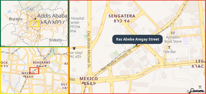 Map showing the address of Ras Abebe Aregay Street in three different zoom levels.