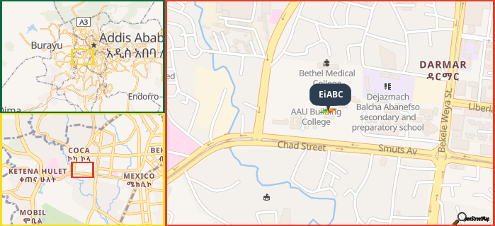 Map showing the address of EiABC in three different zoom levels.