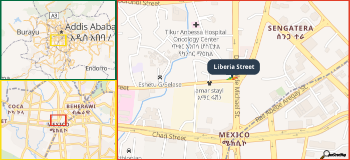 Map showing the address of Liberia Street in three different zoom levels.