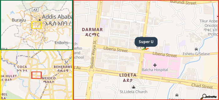 Map showing the address of Super U in three different zoom levels.