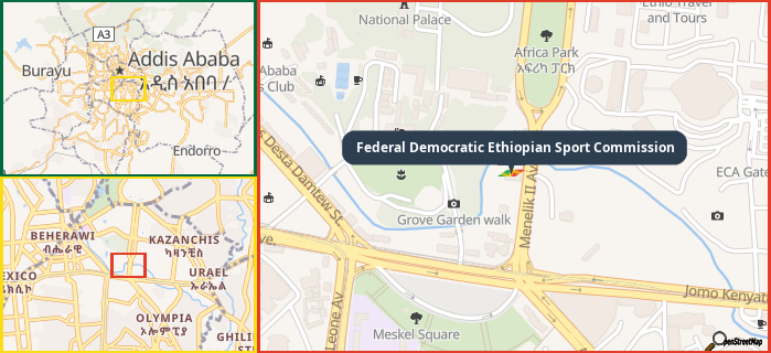 Map showing the address of Federal Democratic Ethiopian Sport Commission in three different zoom levels.