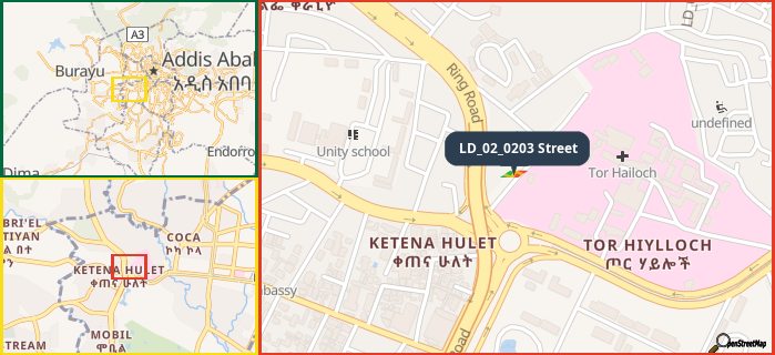 Map showing the address of LD_02_0203 Street in three different zoom levels.