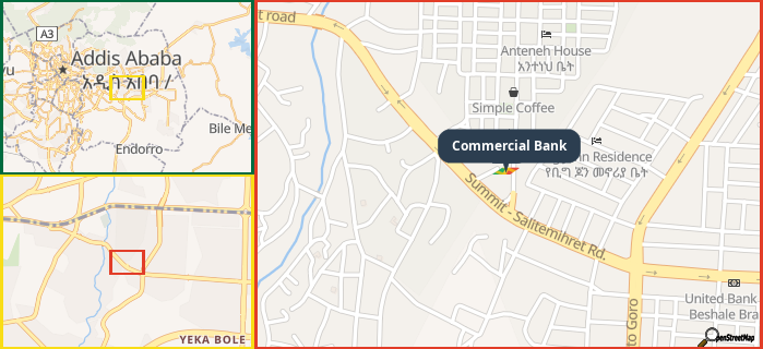 Map showing the address of Commercial Bank in three different zoom levels.