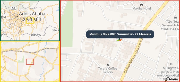 Map showing the address of Minibus Bole 007: Summit => 22 Mazoria in three different zoom levels.