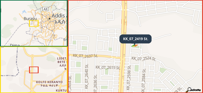 Map showing the address of KK_07_2419 St. in three different zoom levels.