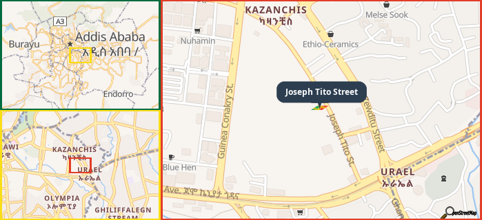 Map showing the address of Joseph Tito Street in three different zoom levels.