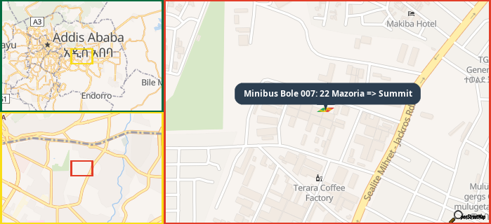 Map showing the address of Minibus Bole 007: 22 Mazoria => Summit in three different zoom levels.
