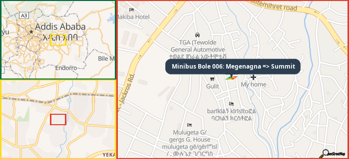 Map showing the address of Minibus Bole 006: Megenagna => Summit in three different zoom levels.