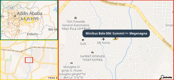 Map showing the address of Minibus Bole 006: Summit => Megenagna in three different zoom levels.