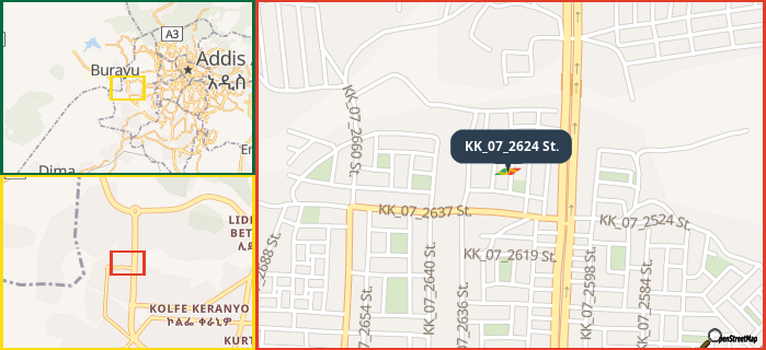 Map showing the address of KK_07_2624 St. in three different zoom levels.