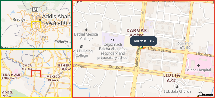 Map showing the address of Nure BLDG in three different zoom levels.