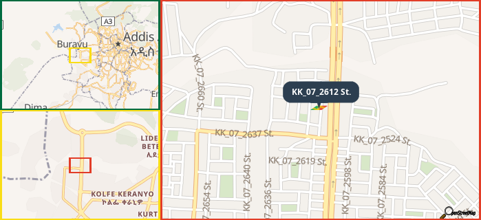 Map showing the address of KK_07_2612 St. in three different zoom levels.