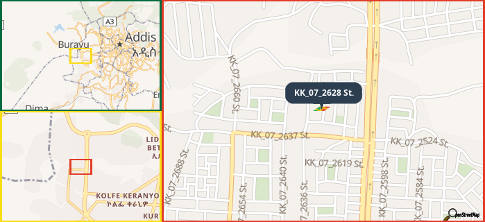 Map showing the address of KK_07_2628 St. in three different zoom levels.