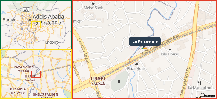 Map showing the address of La Parisienne in three different zoom levels.