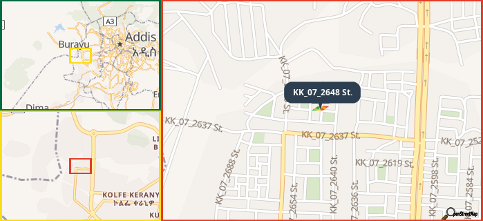 Map showing the address of KK_07_2648 St. in three different zoom levels.