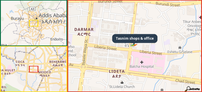 Map showing the address of Tasnim shops & office in three different zoom levels.