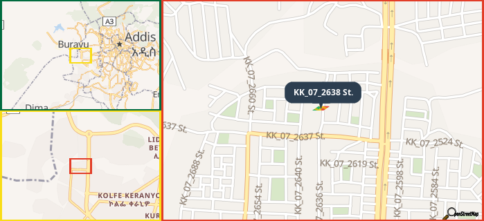 Map showing the address of KK_07_2638 St. in three different zoom levels.