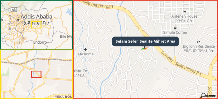 Map showing the address of Selam Sefer  Sealite Mihret Area in three different zoom levels.