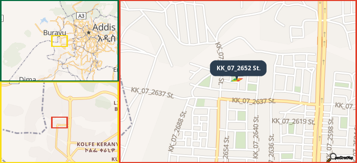 Map showing the address of KK_07_2652 St. in three different zoom levels.