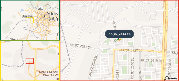 Map showing the address of KK_07_2643 St. in three different zoom levels.