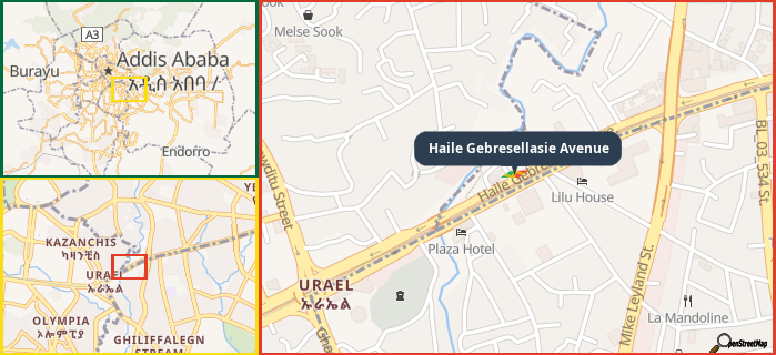 Map showing the address of Haile Gebresellasie Avenue in three different zoom levels.