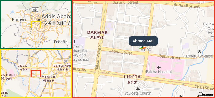 Map showing the address of Ahmed Mall in three different zoom levels.