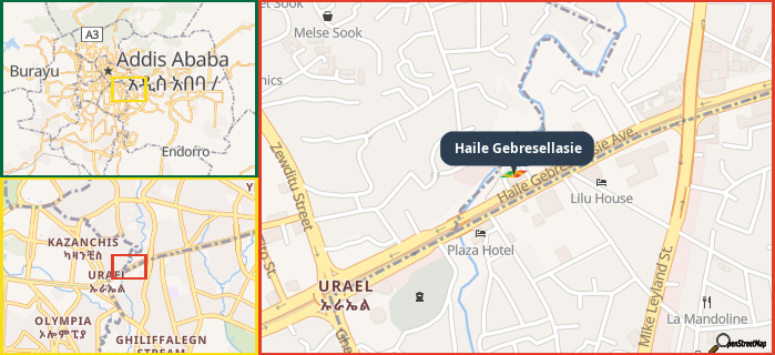 Map showing the address of Haile Gebresellasie in three different zoom levels.