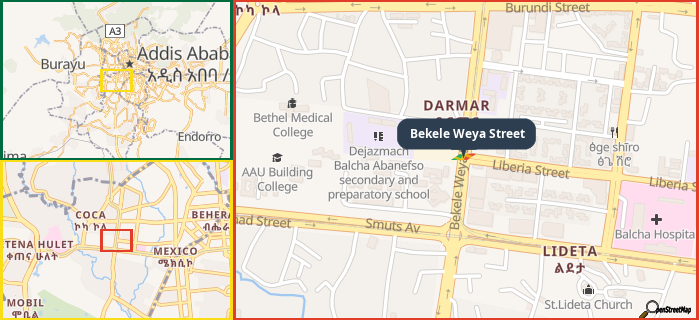 Map showing the address of Bekele Weya Street in three different zoom levels.