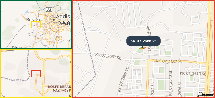 Map showing the address of KK_07_2666 St. in three different zoom levels.