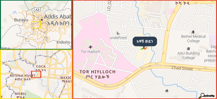 Map showing the address of አዋሽ ወይን in three different zoom levels.