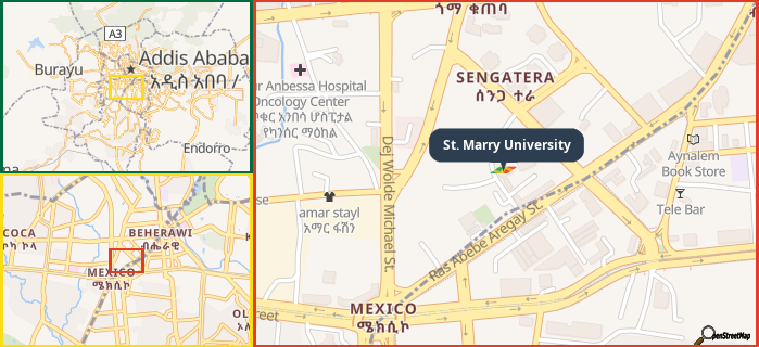 Map showing the address of St. Marry University in three different zoom levels.