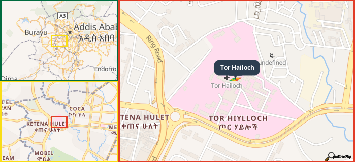 Map showing the address of Tor Hailoch in three different zoom levels.