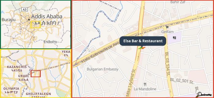 Map showing the address of Elsa Bar & Restaurant in three different zoom levels.