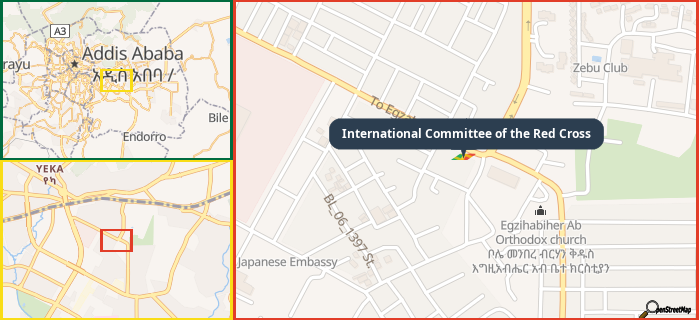 Map showing the address of International Committee of the Red Cross in three different zoom levels.
