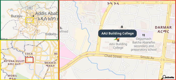 Map showing the address of AAU Building College in three different zoom levels.