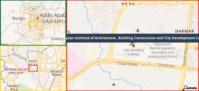 Map showing the address of Ethiopian Institute of Architecture , Building Construction and City Development College in three different zoom levels.