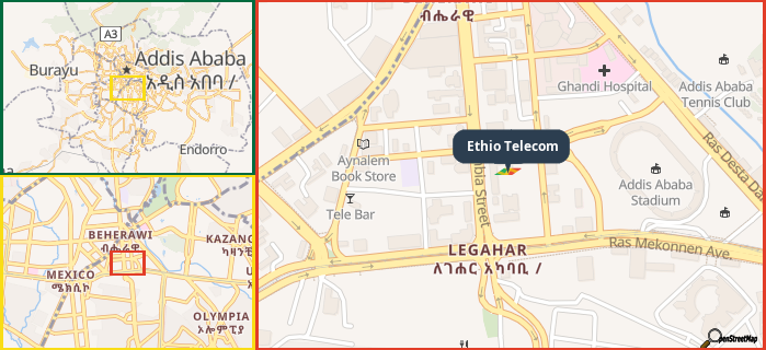 Map showing the address of Ethio Telecom in three different zoom levels.