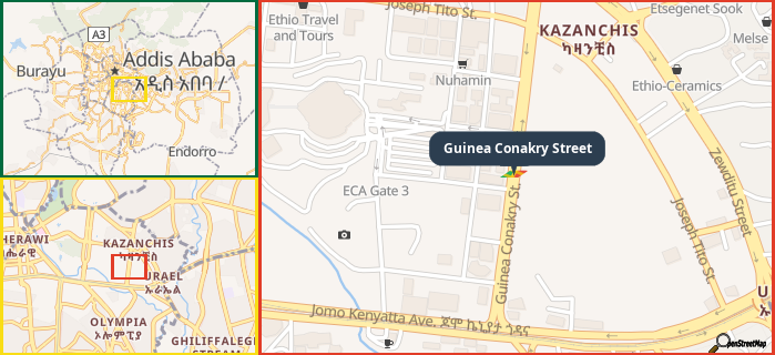 Map showing the address of Guinea Conakry Street in three different zoom levels.