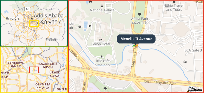 Map showing the address of Menelik II Avenue in three different zoom levels.