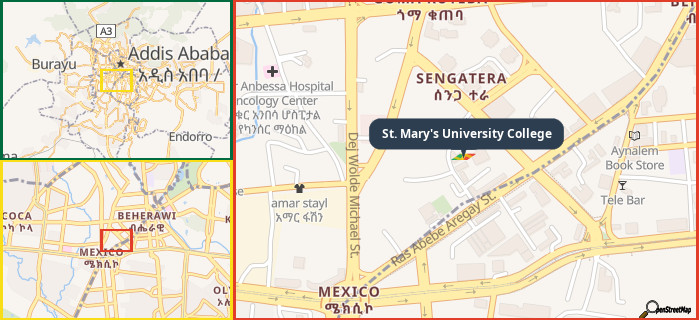 Map showing the address of St. Mary's University College in three different zoom levels.