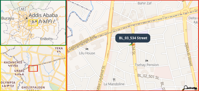 Map showing the address of BL_03_534 Street in three different zoom levels.