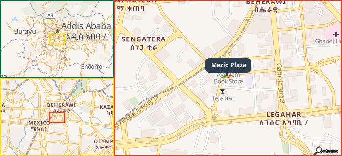 Map showing the address of Mezid Plaza in three different zoom levels.