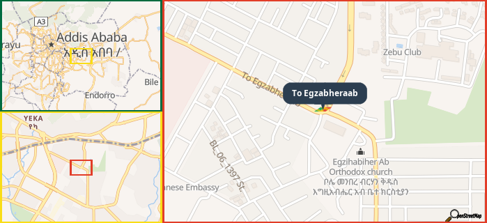 Map showing the address of To Egzabheraab in three different zoom levels.