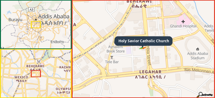 Map showing the address of Holy Savior Catholic Church in three different zoom levels.