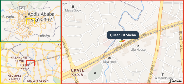 Map showing the address of Queen Of Sheba in three different zoom levels.