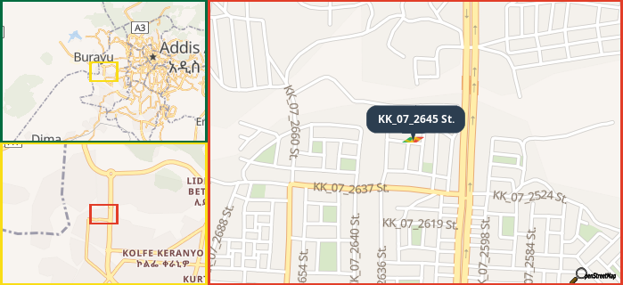 Map showing the address of KK_07_2645 St. in three different zoom levels.