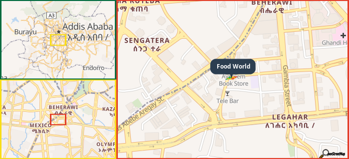 Map showing the address of Food World in three different zoom levels.