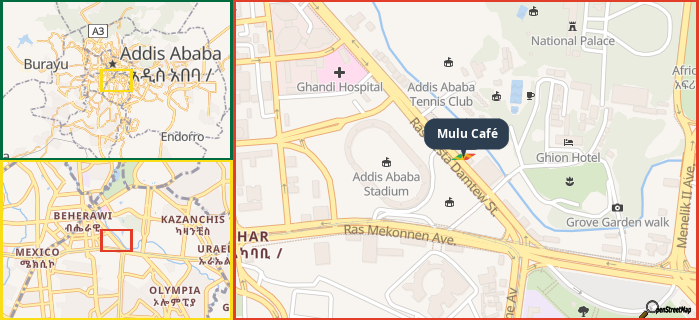 Map showing the address of Mulu Café in three different zoom levels.